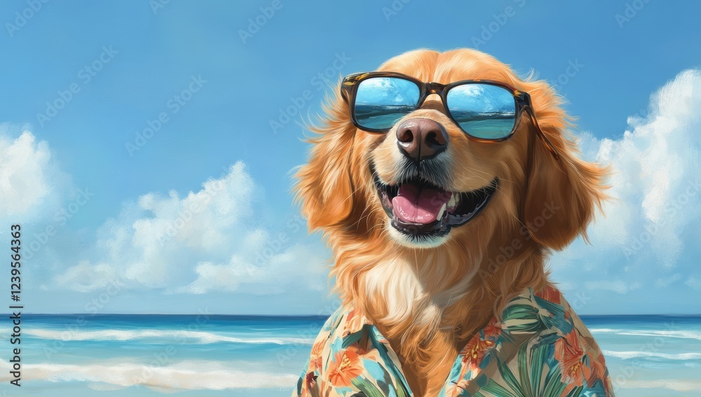On a sunny beach day, a joyful golden retriever in stylish sunglasses and a colorful Hawaiian shirt enjoys summer vacation, embodying the spirit of travel adventures and carefree fun On a sunny beach day, a joyful golden retriever in stylish sunglasses and a colorful Hawaiian shirt enjoys summer vacation, embodying the spirit of travel adventures and carefree fun
