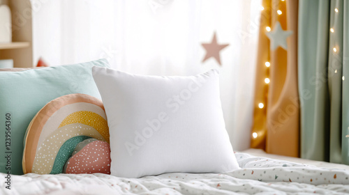 Blank white cushion on bed mockup for design presentation, pink colours, blank canvas nursery cushion