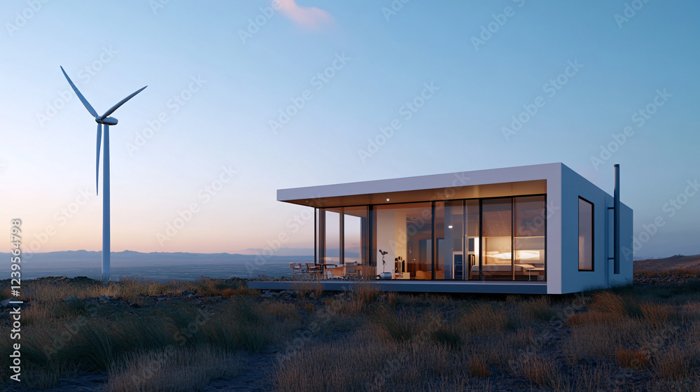 Home with a small wind turbine, concept for independence from external power sources Home with a small wind turbine, concept for independence from external power sources