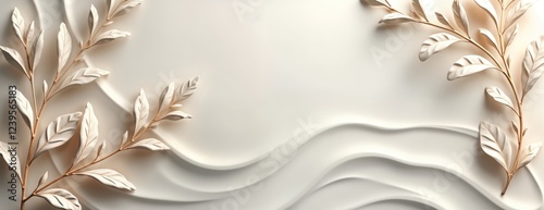 Elegant white leaves, branches art design. Modern nature wall decor with smooth textured background. Gentle wavy lines create calming visual effect. Ideal for home decoration interior design photo