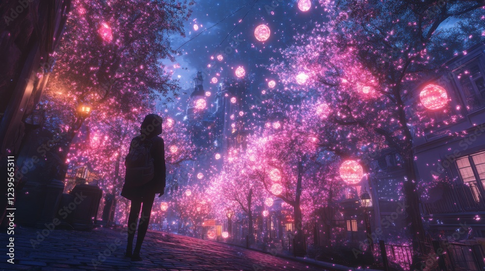 Silhouette of woman walking through enchanted street illuminated by pink lanterns and blossoming trees Silhouette of woman walking through enchanted street illuminated by pink lanterns and blossoming trees