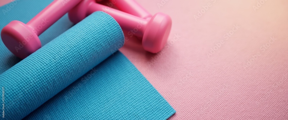 A pair of pink dumbbells rests atop a rolled turquoise yoga mat, creating a lively and inviting fitness scene. This image radiates energy and motivation, perfect for inspiring a healthy lifestyle and A pair of pink dumbbells rests atop a rolled turquoise yoga mat, creating a lively and inviting fitness scene. This image radiates energy and motivation, perfect for inspiring a healthy lifestyle and