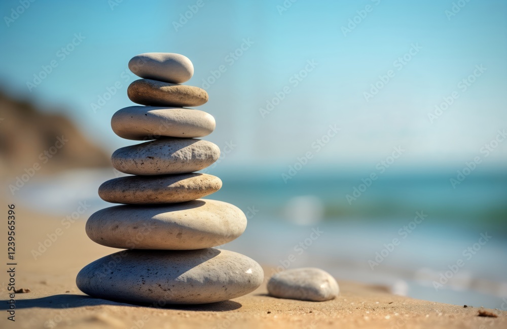 Balanced stones stack on beach with calm ocean view. Beach sand, smooth stones. Tranquil scene. Summer day. Perfect for zen meditation relaxation. Peaceful nature scene. Harmony in nature. Sea. Balanced stones stack on beach with calm ocean view. Beach sand, smooth stones. Tranquil scene. Summer day. Perfect for zen meditation relaxation. Peaceful nature scene. Harmony in nature. Sea.