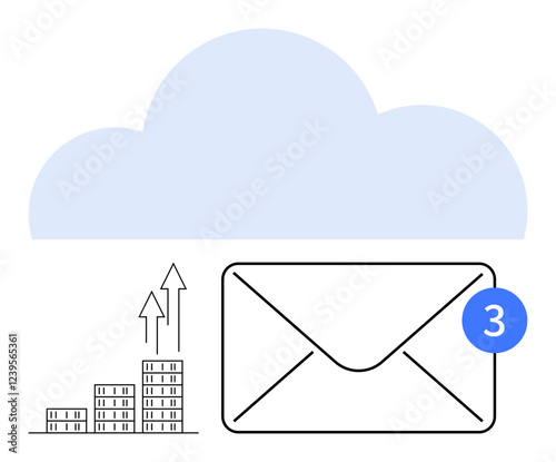 Cloud symbol, envelope with new message count, upward arrows, bar graph. Ideal for digital communication, email marketing, cloud storage, notifications, online networking business growth abstract