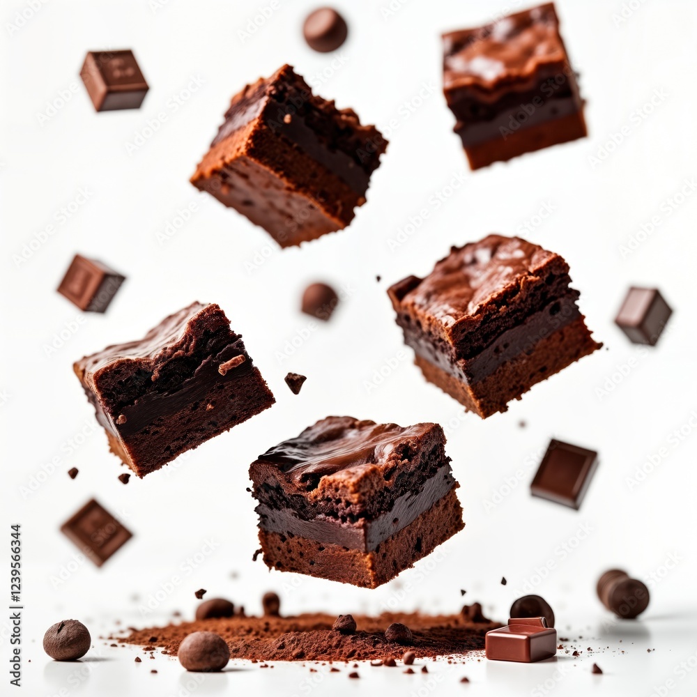 Delicious chocolate brownies float in mid-air against transparent background. Pieces of brownie, chocolate in motion. Brownie pieces isolated, show chocolatey interior, topping. Background of cocoa Delicious chocolate brownies float in mid-air against transparent background. Pieces of brownie, chocolate in motion. Brownie pieces isolated, show chocolatey interior, topping. Background of cocoa