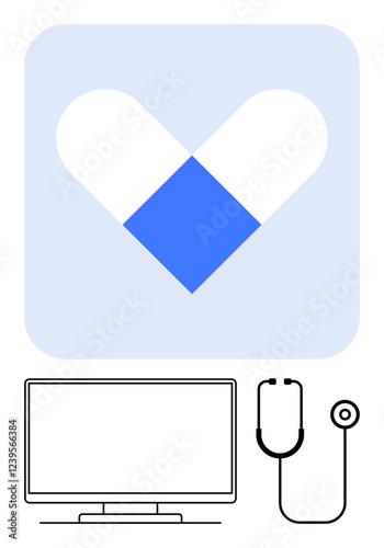 Medical heart logo in blue and white above a computer monitor and stethoscope. Ideal for telemedicine, digital health, online consultation, patient monitoring, healthcare apps, virtual care, medical
