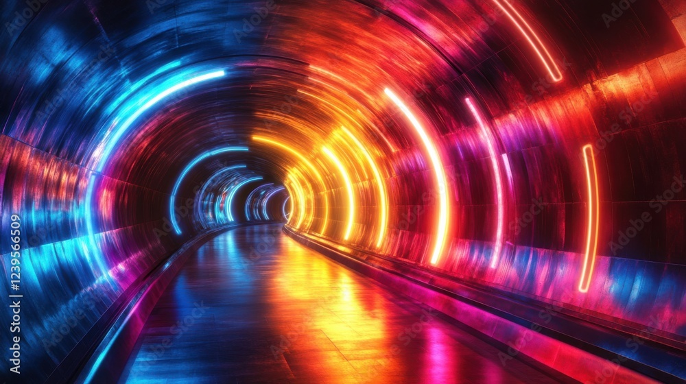 Colorful neon tunnel with vibrant lights creating an abstract, futuristic pathway Colorful neon tunnel with vibrant lights creating an abstract, futuristic pathway