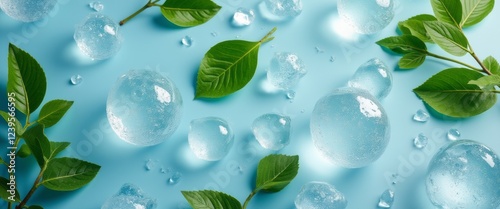 A captivating arrangement of crystal-clear ice spheres and lush green leaves creates a refreshing and tranquil scene. The interplay of cool ice and vibrant foliage evokes a sense of purity and
