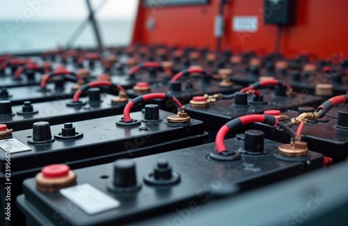 Many black battery boxes arranged on boat deck. Red, black wires connect batteries. Setup provides power for vessel. Boat likely uses power bank for variety of activities like starting engine