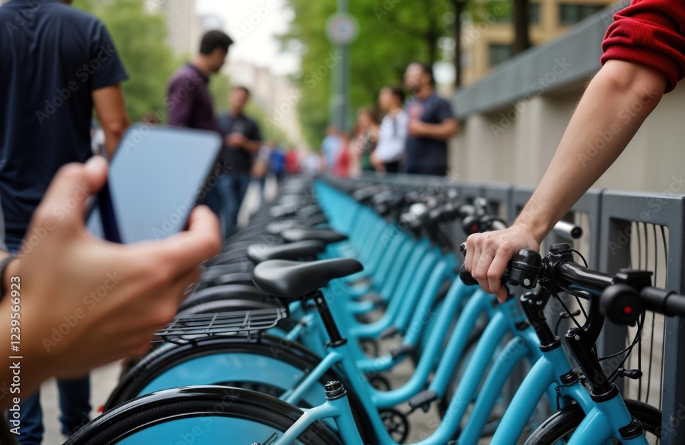 Group of tourists use mobile phone to rent bicycles in urban setting. City life concept. Eco-friendly transportation alternative. Tourists choosing sustainable transportation. Rent bikes for trip Group of tourists use mobile phone to rent bicycles in urban setting. City life concept. Eco-friendly transportation alternative. Tourists choosing sustainable transportation. Rent bikes for trip