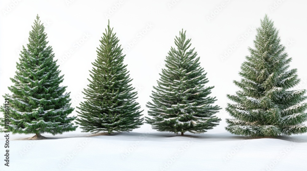 Four snow-covered evergreen trees on a white winter landscape Four snow-covered evergreen trees on a white winter landscape
