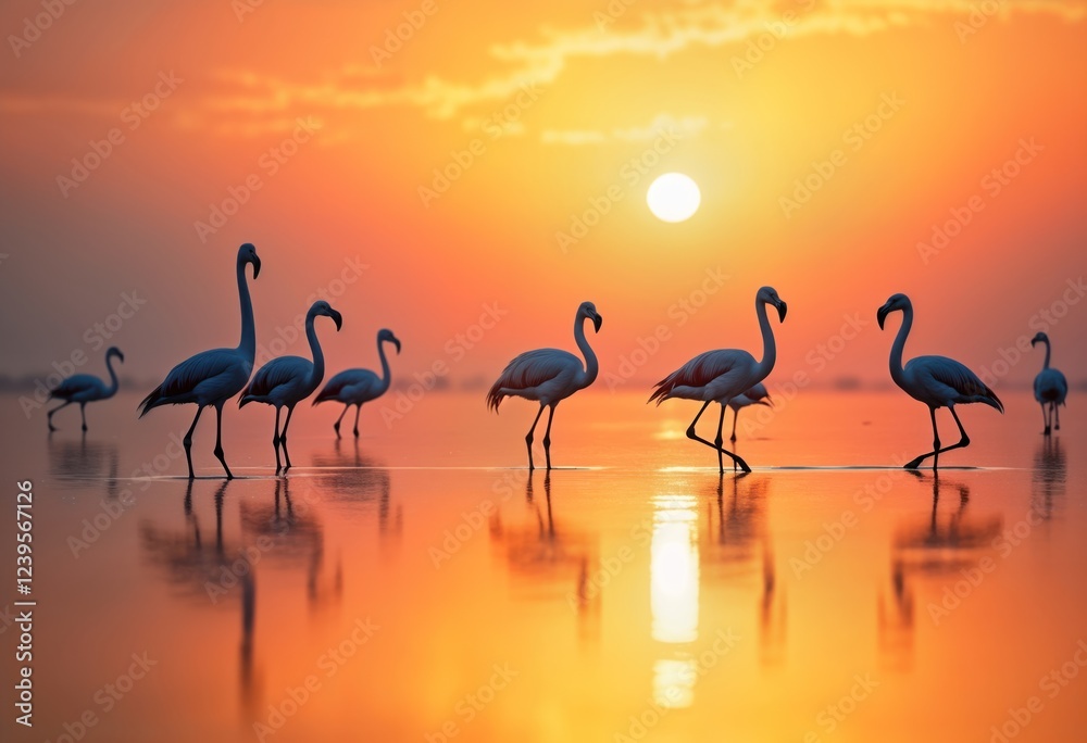 Naklejka premium Flamingos stroll in shallow water at sunrise on Asker coast of Bahrain. Sunrise creates dramatic golden bokeh effect on water surface. Silhouettes of birds stand out against warm colors of dawn.