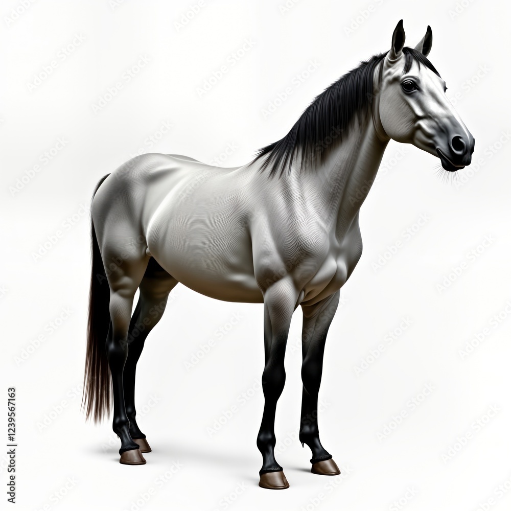 Obraz premium Stunning white horse stands isolated on white background. Powerful musculature visible. Horse appears healthy, alert. Excellent image for equine photography enthusiasts. Image suitable for equine