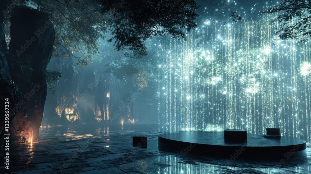 Fototapeta premium Enchanted forest with glowing waterfall and mystical atmosphere in moonlit night scene