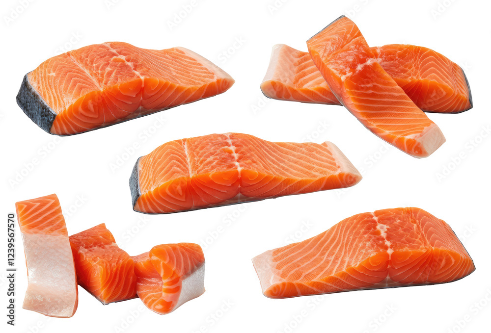 Fresh, uncooked salmon fillets and steaks displayed on transparent background, highlighting their orange color marbling Fresh, uncooked salmon fillets and steaks displayed on transparent background, highlighting their orange color marbling