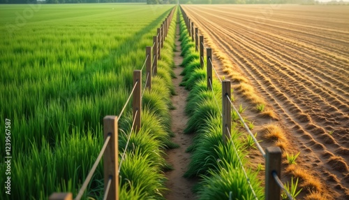 Two fields separated by fence. One field rich green, thriving. Field parched, dull brown. Contrast illustrates concept of grass always greener on side. Division between two contrasting states.