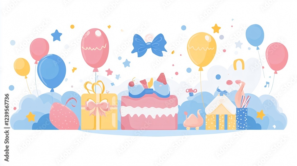 Flat Vector Illustration of a Baby Shower Design Concept with Balloons, Gifts, and a Pram Flat Vector Illustration of a Baby Shower Design Concept with Balloons, Gifts, and a Pram