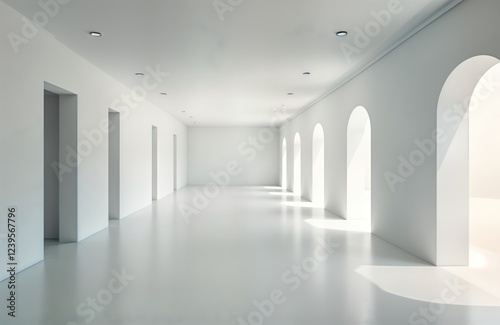 Empty white modern hall with arch windows. Spacious interior space. Light floods area. Clean, minimalist design. Modern architecture concept. Future office warehouse. Suitable for commercial