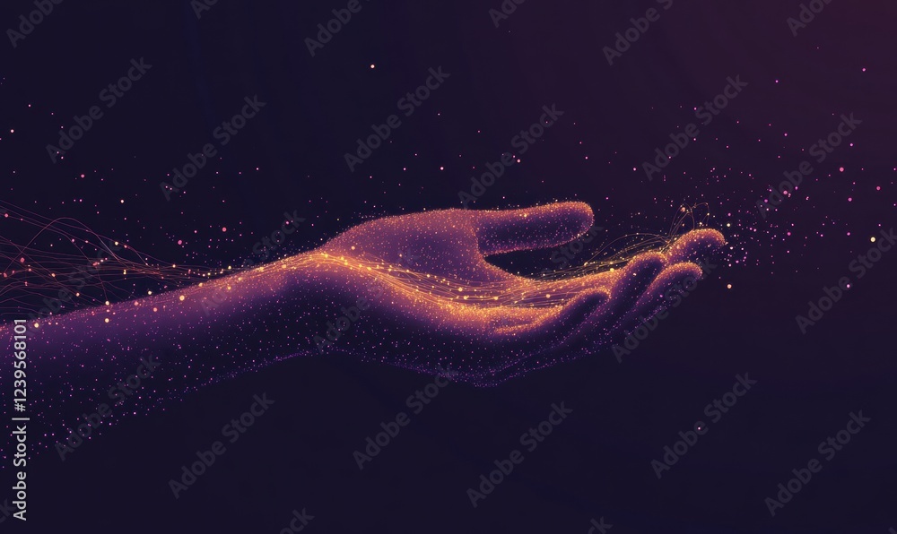 A hand holding glowing data points and lines, representing the concept of digital transformation in business with a dark purple background Generative AI A hand holding glowing data points and lines, representing the concept of digital transformation in business with a dark purple background Generative AI