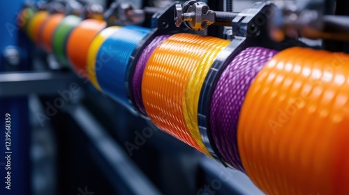 A closeup of a spooling system for cryogenic hoses revealing brightly colored tubes meticulously around a compact reel. The hose surfaces are textured and thermally insulated showcasing