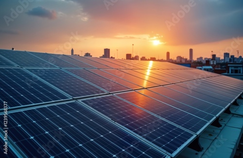 Many blue photovoltaic solar panels mounted on building roof at sunset. City skyline visible in background. Panels reflect warm sunset colors. Rooftop installation produces clean eco-friendly