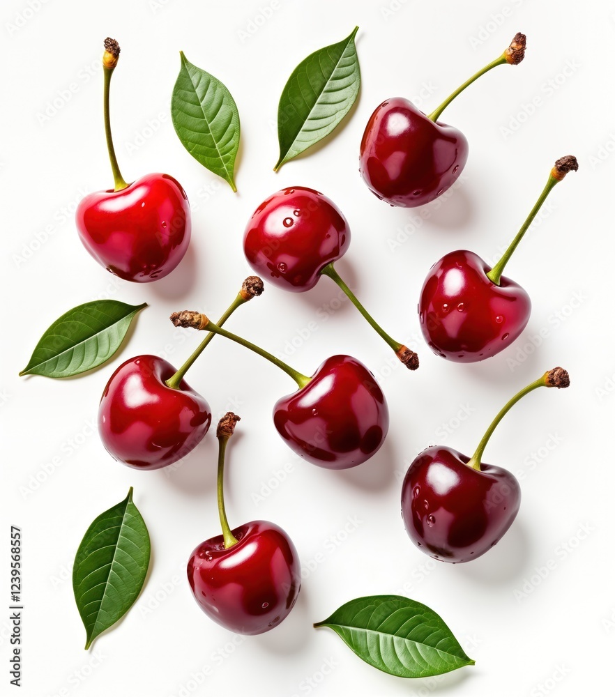 Fresh red cherries arranged with green leaves on white background. High-quality food photo. Colorful, appetizing design. Isolated cherries with leaves. Summer fruit. Perfect for food blog recipe. Fresh red cherries arranged with green leaves on white background. High-quality food photo. Colorful, appetizing design. Isolated cherries with leaves. Summer fruit. Perfect for food blog recipe.