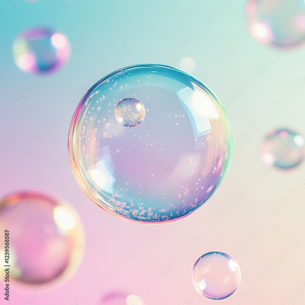 Vibrant, iridescent soap bubbles drifting against a soft pastel gradient background, ideal for children's entertainment, parties, or marketing designs. Vibrant, iridescent soap bubbles drifting against a soft pastel gradient background, ideal for children's entertainment, parties, or marketing designs.
