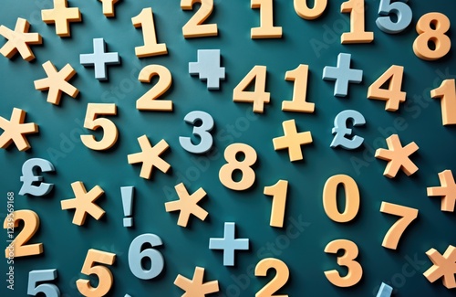 Colorful numbers, symbols create visually appealing abstract background. Arrangement of colorful wooden numerals, mathematical symbols evokes ideas about data, statistics, calculation. Educational