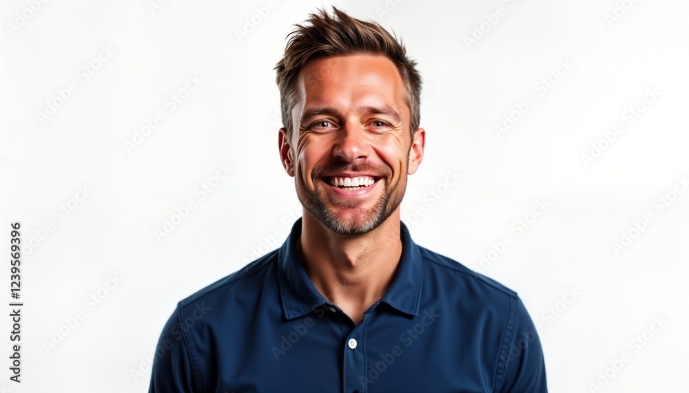 Obraz premium Happy man smiles broadly. Adult male wears casual navy polo shirt. Studio portrait against plain white background. Smiling expression. Head shot. Positive emotion. Male model. Attractive person.