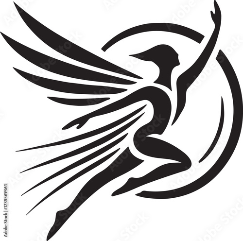 Bold High-Contrast Human Figure with Large Wings Silhouette Vector


