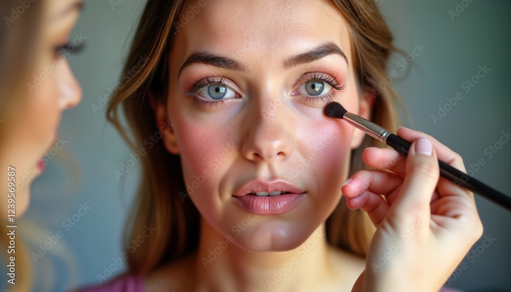 Woman gets makeup done by another woman. Close-up beauty session. Makeup artist applies blush to face using brush. Client pleasant expression. Focus on face, hands. Beauty treatment in progress. Woman gets makeup done by another woman. Close-up beauty session. Makeup artist applies blush to face using brush. Client pleasant expression. Focus on face, hands. Beauty treatment in progress.