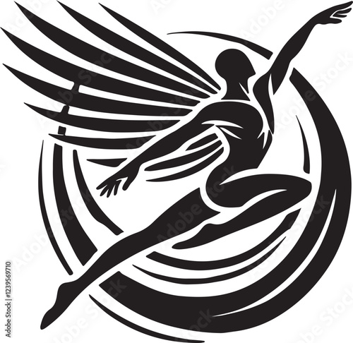 Bold High-Contrast Human Figure with Large Wings Silhouette Vector

