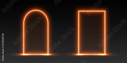 Obraz na płótnie Neon door and arch, orange glowing portal, futuristic gate, magic LED frame. Vector illustration. w salonie