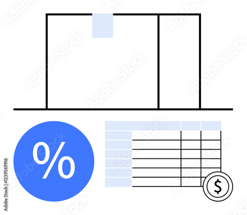 Bar graph with blue tape, blue percentage symbol, spreadsheet with rows and columns, and dollar coin. Ideal for financial reports, business analysis, budgeting, accounting, investments savings