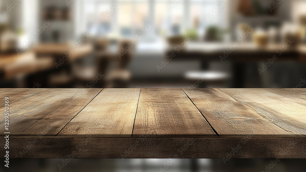 Empty brown wooden table top and blurred defocused modern kitchen interior background with daylight flare, product montage display, template. Empty brown wooden table top and blurred defocused modern kitchen interior background with daylight flare, product montage display, template.