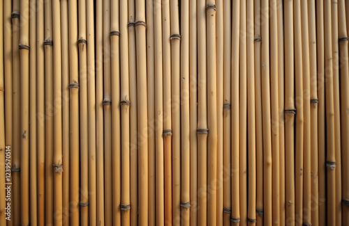 Natural bamboo wall texture. Close up view of vertical bamboo stalks. Natural material background with vertical pattern. Brown, yellow tones. Suitable for eco projects, nature related design ideas. photo