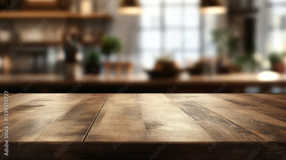 Empty brown wooden table top and blurred defocused modern kitchen interior background with daylight flare, product montage display, template. Empty brown wooden table top and blurred defocused modern kitchen interior background with daylight flare, product montage display, template.