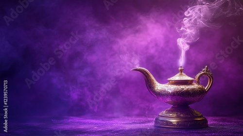 Magic genie lamp with purple background
