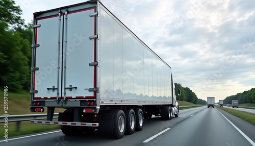 Large haulage vehicle travels along expressway. Modern truck carries cargo. Transportation in progress. Summer day on road. Possible destination UK. Road trip in England Scotland Wales Ireland.