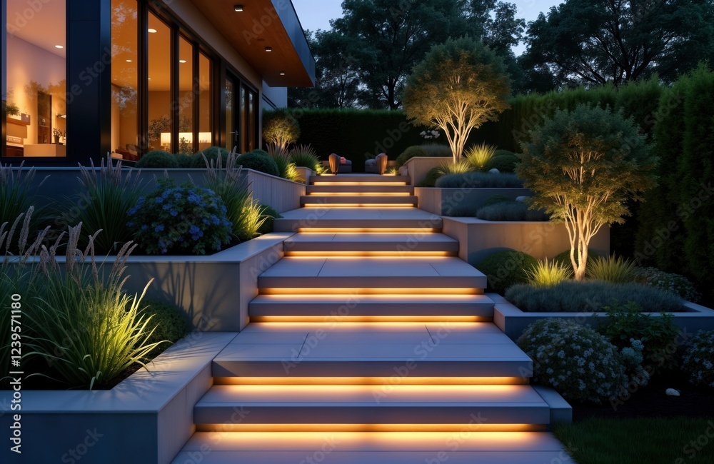 Modern garden staircase design with ambient LED lighting at night. Stylish steps lead up tiered garden landscaping. Plants, trees illuminated. Exterior of modern home with elegant design. Luxury Modern garden staircase design with ambient LED lighting at night. Stylish steps lead up tiered garden landscaping. Plants, trees illuminated. Exterior of modern home with elegant design. Luxury