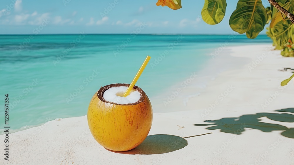 A refreshing coconut drink sits on a sandy beach, with turquoise waters and a clear sky in the background, evoking a tropical paradise vibe. A refreshing coconut drink sits on a sandy beach, with turquoise waters and a clear sky in the background, evoking a tropical paradise vibe.