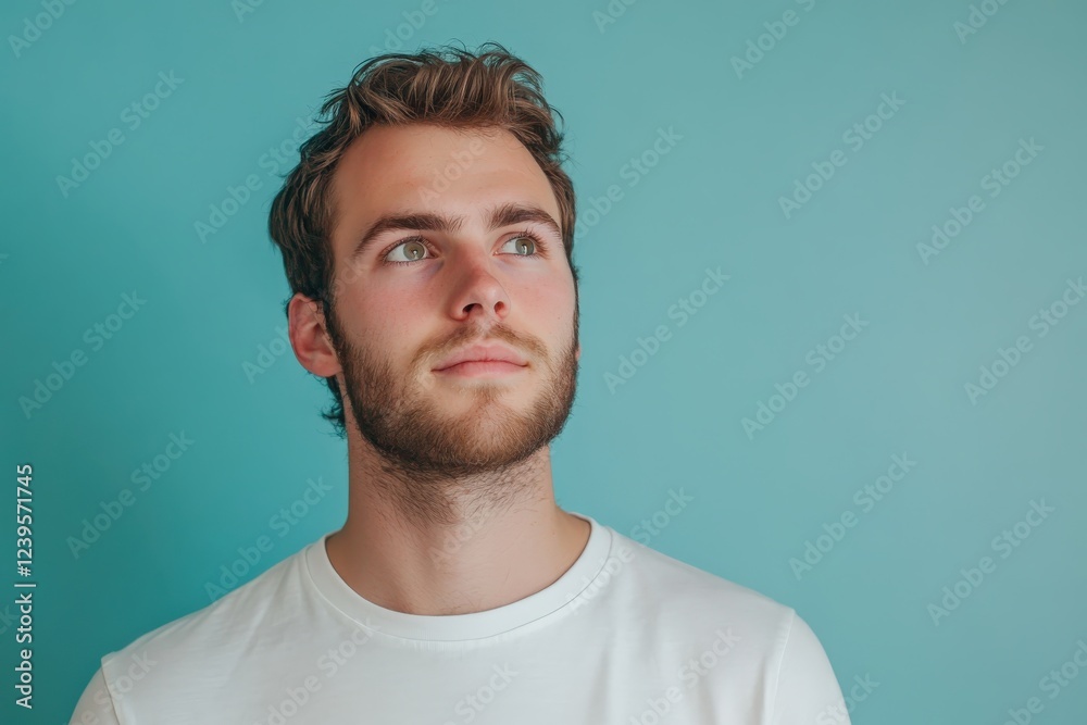 Thoughtful Young Man Against a Bright Blue Background Thoughtful Young Man Against a Bright Blue Background