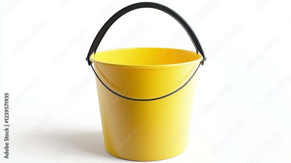 A glossy yellow bucket with a matte black handle, floating against a seamless white background, photorealistic, high resolution, and soft shadows A glossy yellow bucket with a matte black handle, floating against a seamless white background, photorealistic, high resolution, and soft shadows