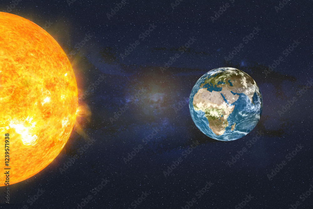 Depiction of the Sun and Earth with visible solar flares and cosmic dust. Highlighting the importance of solar radiation and solar storms, which can have significant impacts on Earth's climate, satell