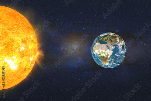 Depiction of the Sun and Earth with visible solar flares and cosmic dust. Highlighting the importance of solar radiation and solar storms, which can have significant impacts on Earth's climate, satell