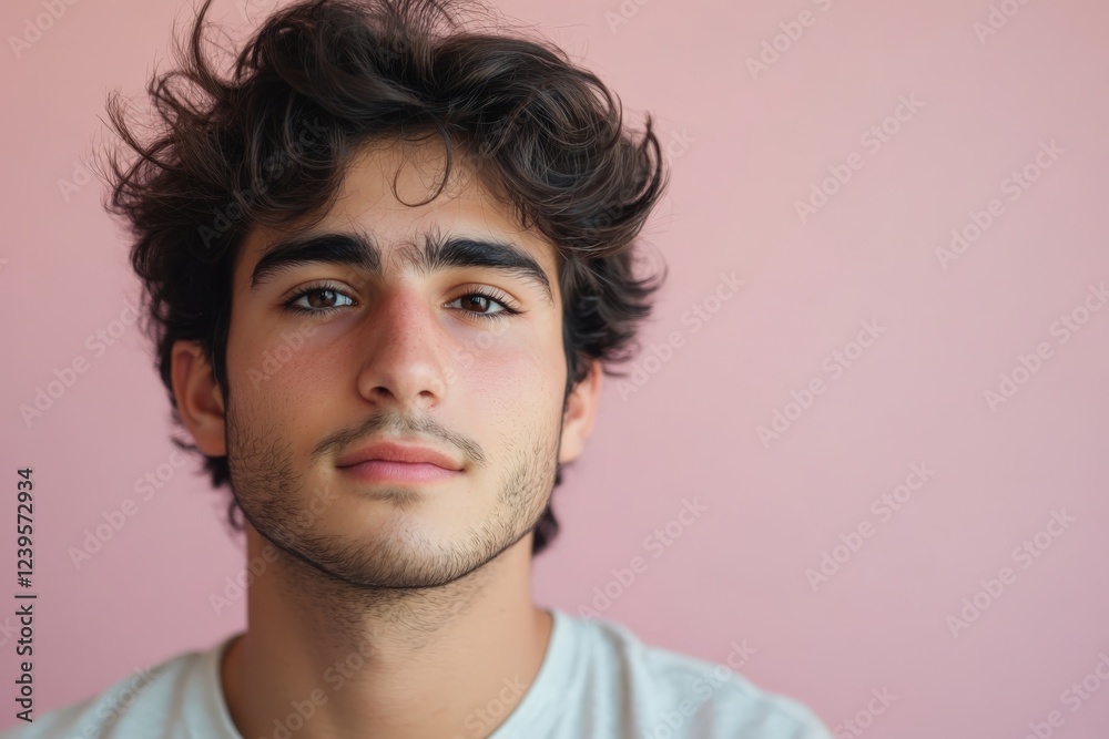 Naklejka premium Portrait of a Young Man with Curly Hair Against a Soft Pink Background