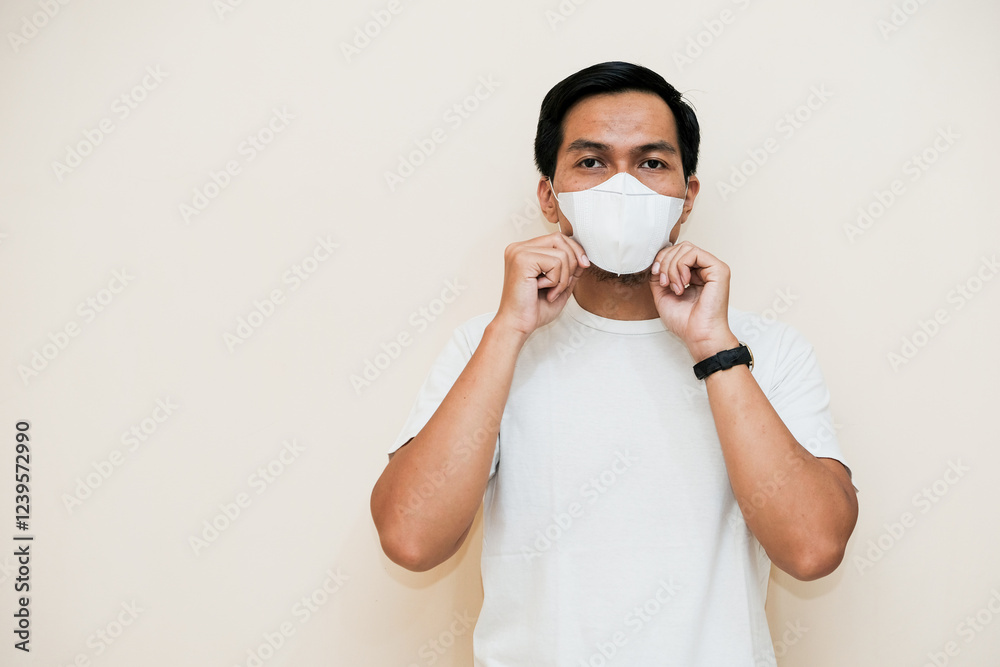 Southeast Asian man wearing hygienic mask isolated over white background. Healthcare medical concept Southeast Asian man wearing hygienic mask isolated over white background. Healthcare medical concept