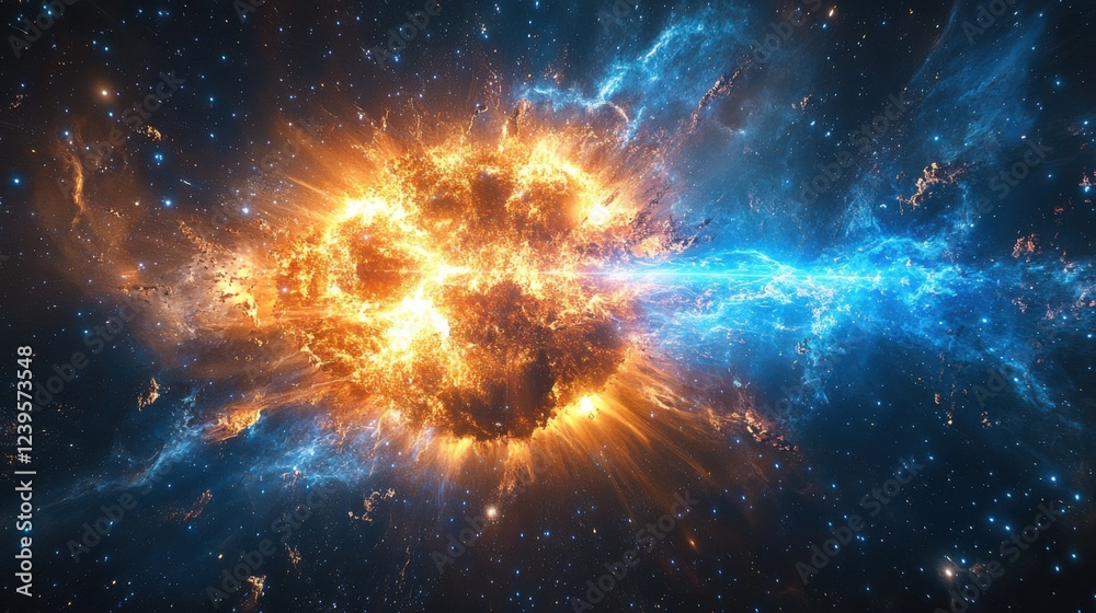 Exploding star with fiery colors and blue nebula in deep space Exploding star with fiery colors and blue nebula in deep space