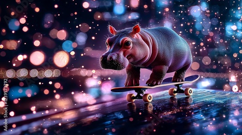 A tiny pygmy hippo balancing on a skateboard, gliding down a rail, futuristic cityscape in the background, neon highlights, highly detailed photo