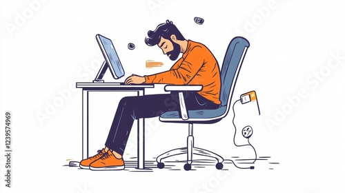 Exhausted Office Worker Sitting on a Chair and Yawning while Working at His Desk in the Office